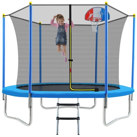 8FT Trampoline for Kids with Safety Enclosure Net&42 sturdy and flexible springs,220LBS Weight Capacity Outdoor Backyards Trampolines with Basketball Hoop and Ladder for Children Adults Family
