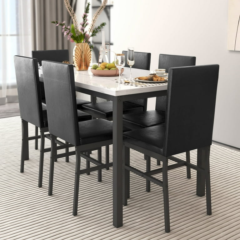 7 Piece Indoor Dining Set, Faux Marble Tabletop & PU Leather