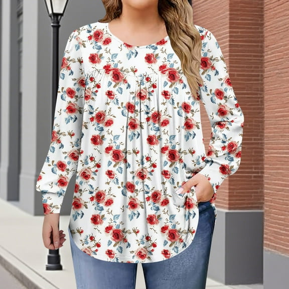 Women's Plus Size Tops Printed Long Sleeve Round Neck Casual Bohemian Blouses​​