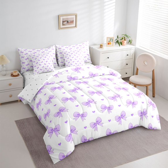Erosebridal Kawaii Bow Love Heart Bedding Comforter Set for Girls, Purple Ribbon Full Bedding Set, Reversible, 7pcs
