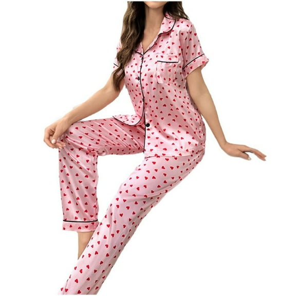 Agkizg Womens Silk Satin Pajama Set Two-piece Pjs Sets Plus Size Print Short Sleeve Shirt and Long Pajama Pant Set Soft Sleepwear Loungewear Nightwear Sets Pink M