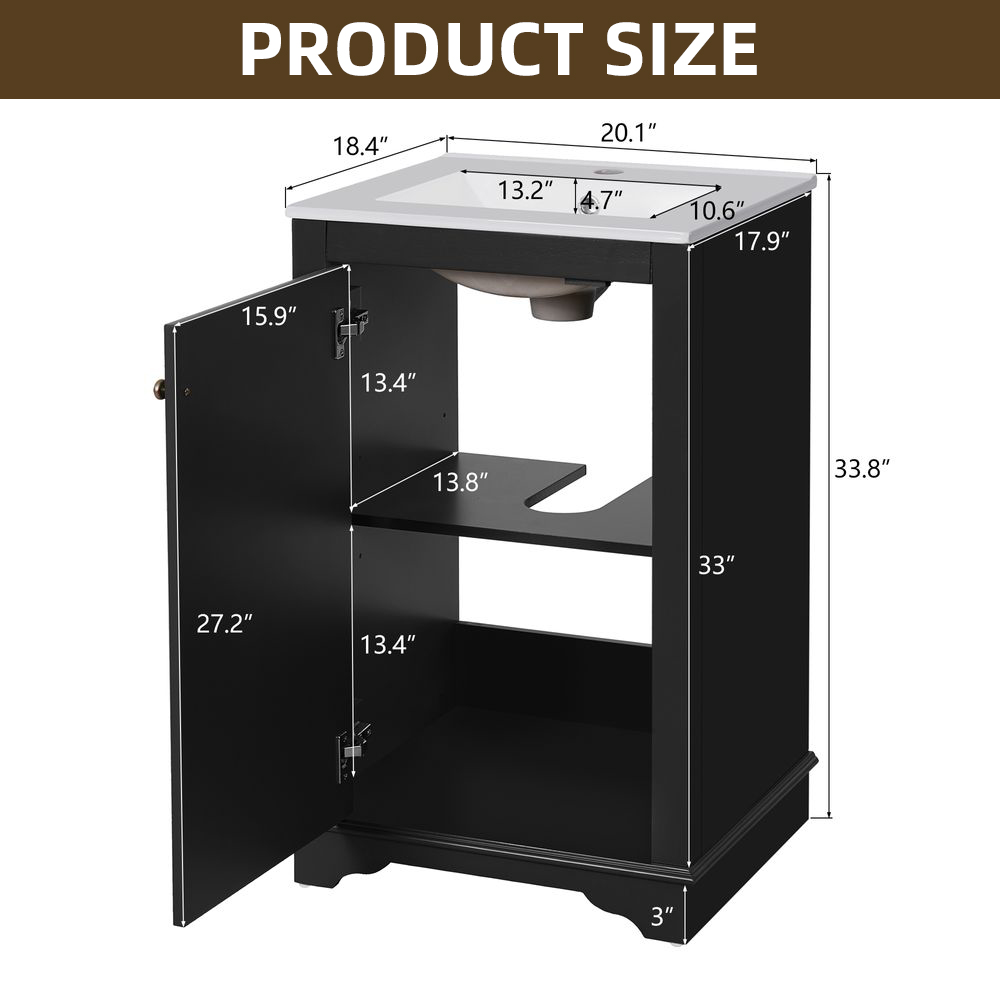 WGYPRIME 20" Bathroom Vanity with Sink, Freetanding Bathroom Cabinet with Soft Closing Door and Adjustable shelf, Modern Style Bathroom Vanity