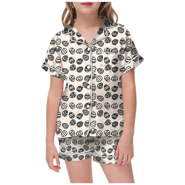 MIASHUI Garçon Fille Ensemble de Pyjama 2 Pcs à Boutons pour Enfants, Imprimé de Pâques, Beige, 12-13 Ans