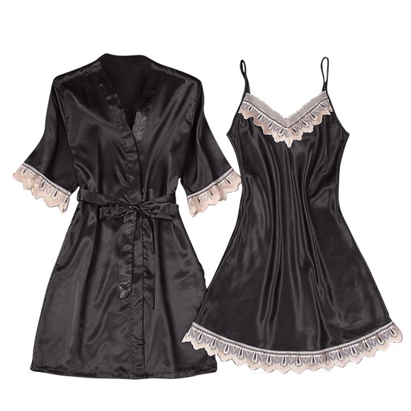 Besolor Womens 2 Piece Satin Lounge Set Soft Pajamas Lace Trim Spaghetti Strap Nightgowns with Robe Sets Sleepwear