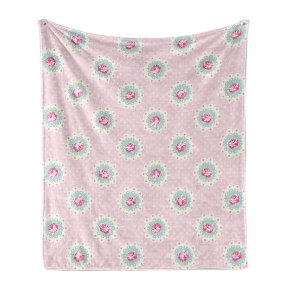 Shabby Flora Soft Flannel Fleece Blanket, Retro Style Polka Dotted Backdrop and Floral Motifs Roses Cottage, Cozy Plush for Indoor and Outdoor Use, 50" x 70", Baby Pink White Seafoam, by Ambesonne
