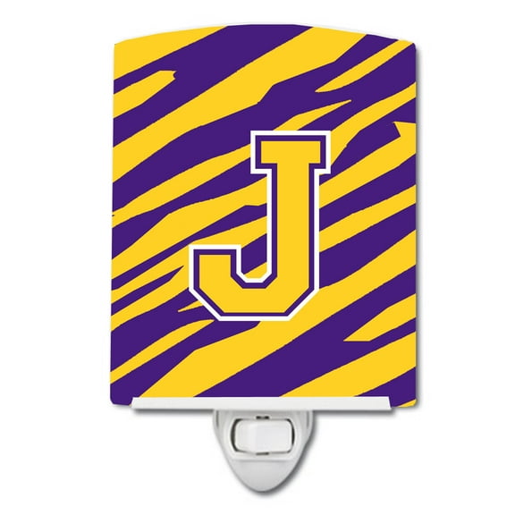 Letter J Monogram - Tiger Stripe - Purple Gold Ceramic Night Light