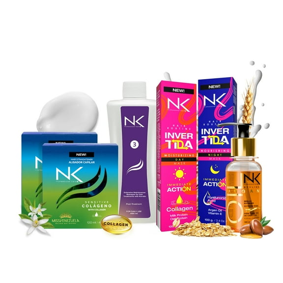 NK Professional Care Complete Keratin Treatment Set – Straightening & Repair Kit | Keratin Treatment   Post Shampoo   Nourishing Hair Mask   Argan Styling Oil | Formaldehyde-Free, Vegan (8oz)