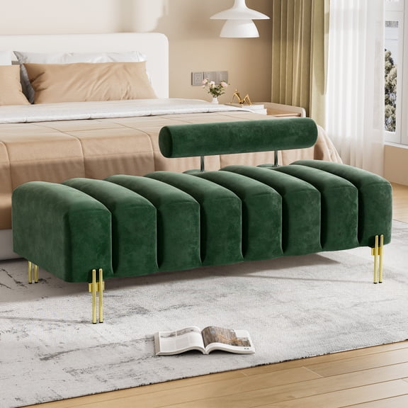 Rophefx Ottoman Bench for Living Room,Foot Rest with Gold Metal Legs,52.2" Entryway Bench,Velvet End of Bed Bench,Green