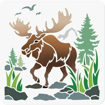 Moose in The Woods Wall Stencil 11.8x11.8 Inch Reusable Outdoor Stencil for Painting on Wood Floor Wall and Fabric Pine Tree Stencil Stencil Signs for DIY Craft Painting