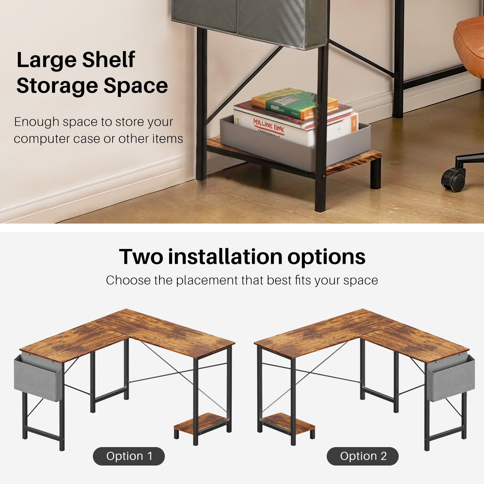 TINKLE WELL 50-inch L-Shaped Computer Desks, Corner Gaming Table with Wooden Desktop, Reversible Design, CPU Stand and Side Bag for Home Office, Study, Vintage Brown