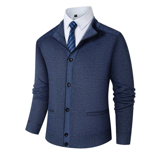 hoksml Men's Stand Collar Cardigan Sweater Solid Color Thick Knit Button Front Long Sleeve Coat Ribbed Cuffs and Hem