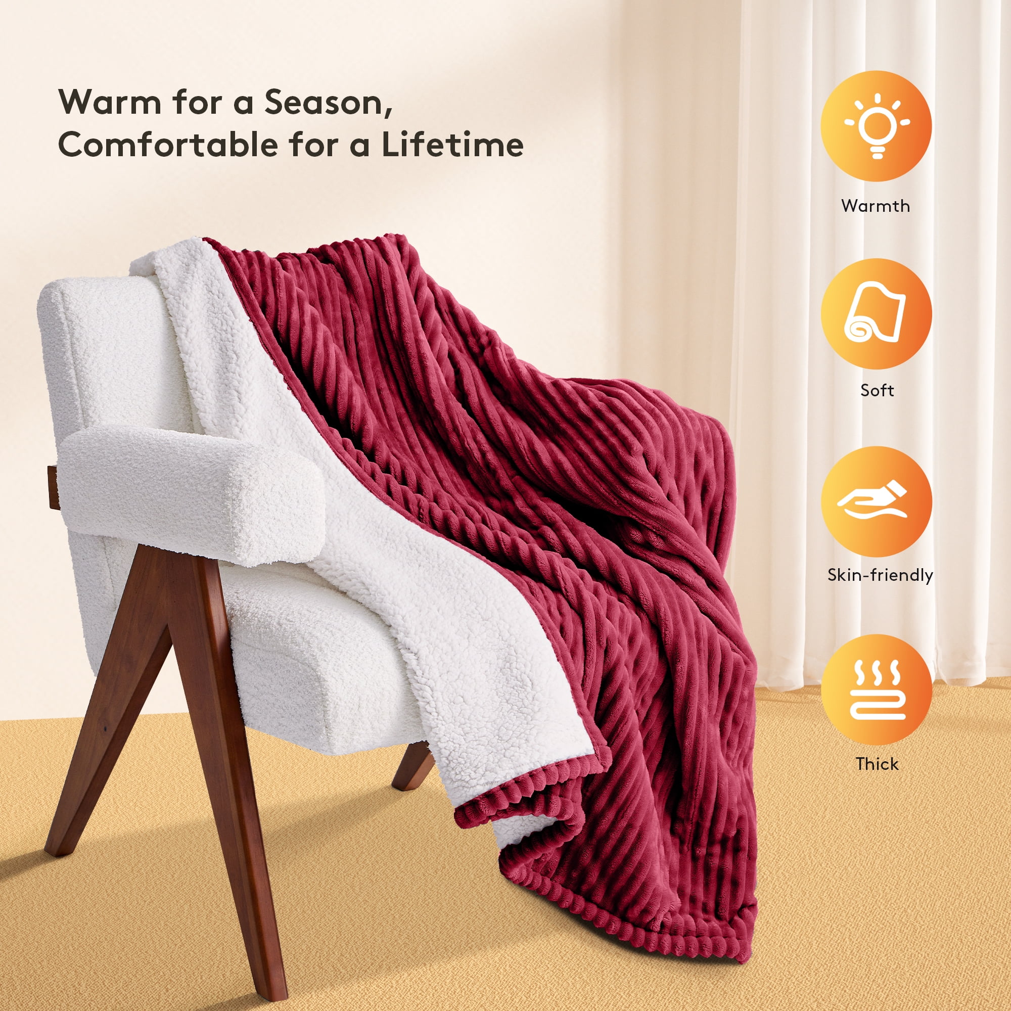 JUSTLET Heated Blanket Electric Throw, 50"x60" Heating Blanket Throw, 9 Heat Levels & 2-10 Hours Auto-Off Over-Heat Protection, Ribbed Flannel to Sherpa, Machine Washable, Red