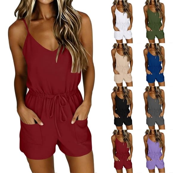 Sentmoon Jumpers for Women Casual Sleeveless Athletic Rompers for Women Solid Color Regular Fit Spaghetti Strap Casual Jumpsuits for Women Summer for Beach and Vacation S-2XL