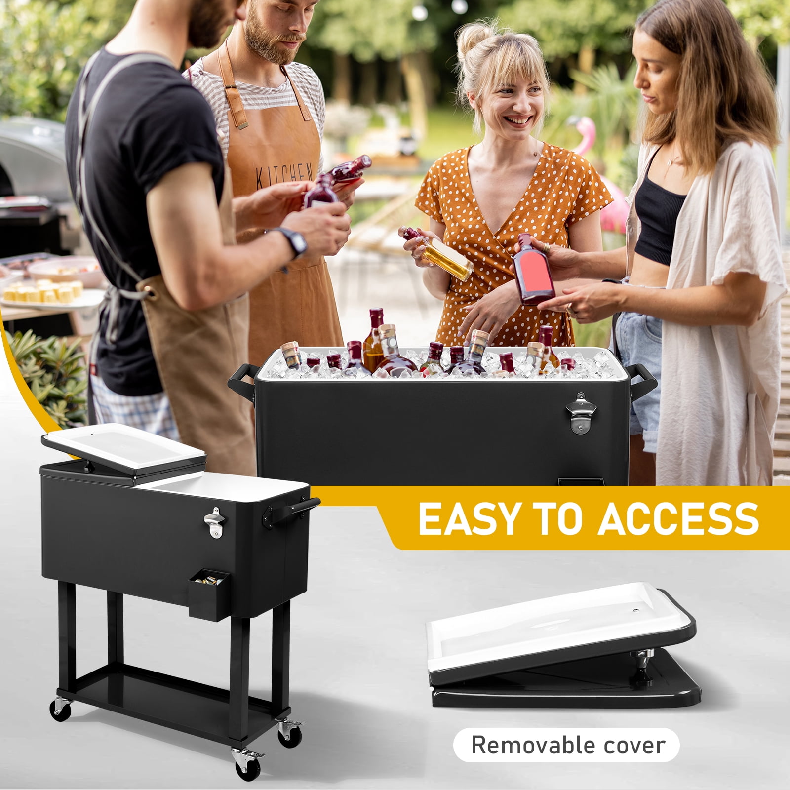 UBesGoo Outdoor Patio 80 quart Party Portable Rolling Cooler Wheeled Ice Chest Black