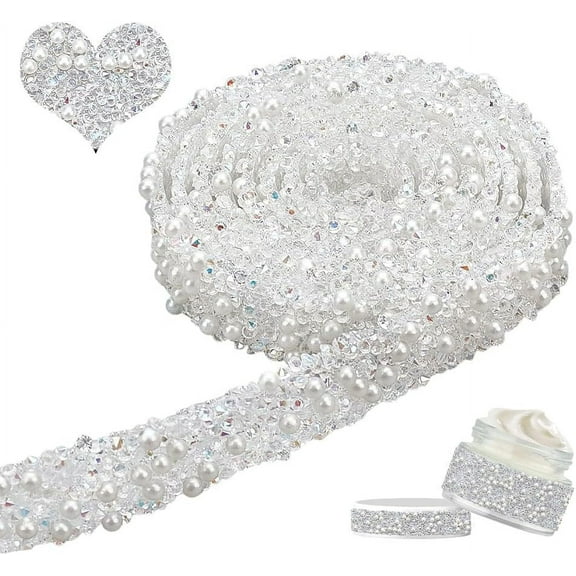 4 Yards Clear AB Rhinestone Ribbon 0.6 Inch Wide Self Adhesive Resin Pearls Beaded Ribbon Trim