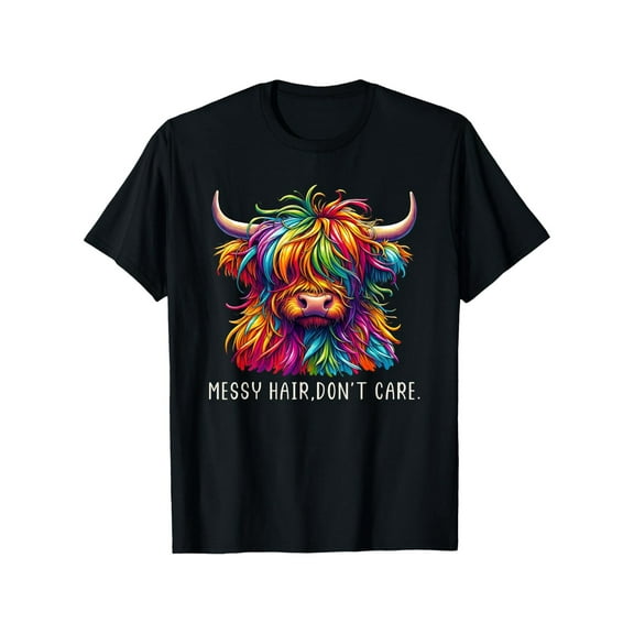 Unisex Highland Cow Graphic T-Shirt | 100% Cotton | Multi-Color 'Messy Hair Don't Care' Design | Casual Round Neck | All-Season Comfort | Machine Washable & Dry Clean Safe | Sizes S-XXXL, Casual Wear