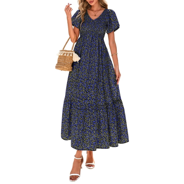 Vestido PRETTYGARDEN Boho Maxi Floral Cuello en V Manga Corta XL