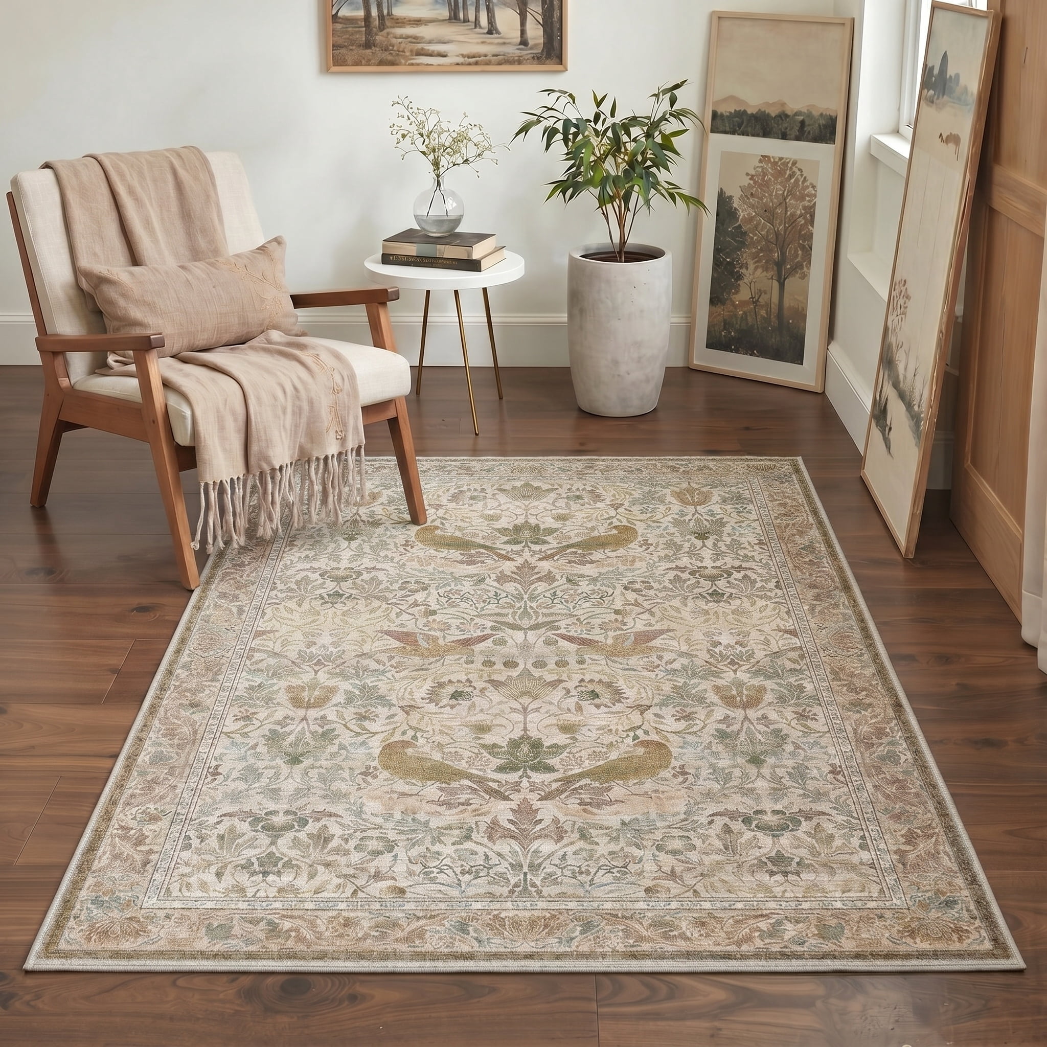 KUETH 8'x10' Vintage Floral Area Rugs for Living Room, Non Slip Machine Washable Forest Bird Rug, Low Pile Print Rug for Bedroom Dining Room Home Office