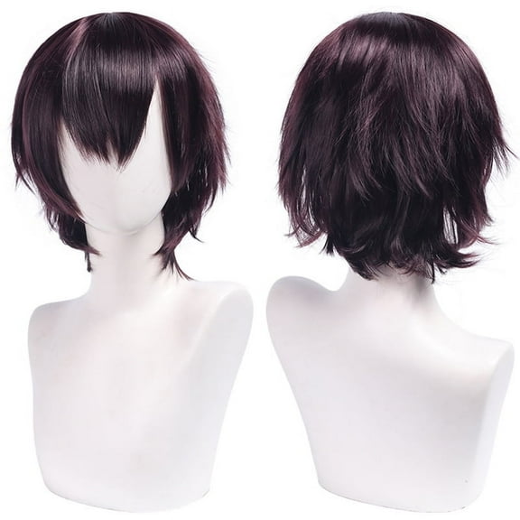 XmhyTop Unisex Short Anime-Style Cosplay Wig, Fluffy Layered Heat-Resistant Synthetic Hair, with Bangs, Ideal for Costume Parties, Prom & Themed Events，Deep purple red