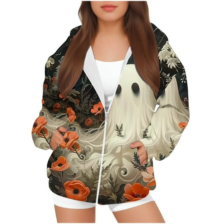 

mgdxox Girls Fashion Hooded Sweatshirt Coat Long Sleeve Full Zip Hooded Neck Outerwear Comfy Casual Sweatshirts Coat with Pockets Fashion Halloween Print Black 4 Years