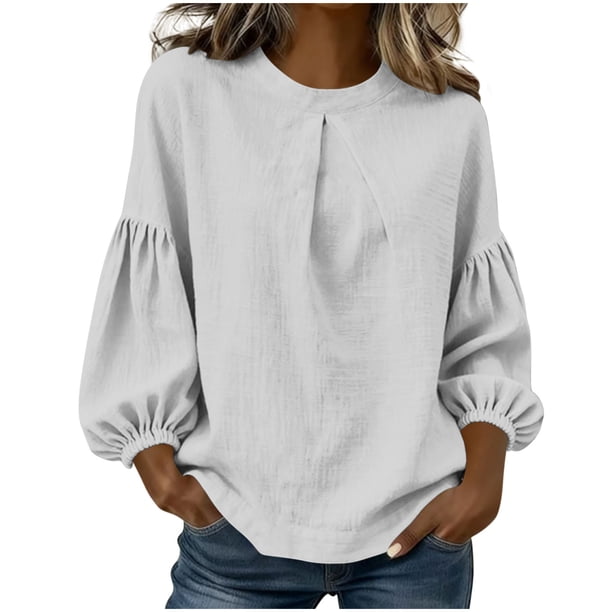 Camisetas de Manga Corta para las Mujeres Camisetas de Cuello Redondo con Suéter de Color Sólido de Ajuste Suelto Camisetas Y Camisetas de Manga 3/4