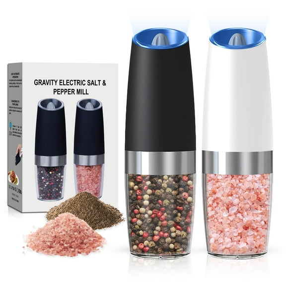 Battery Operated Salt And Pepper Grinder Set with LED Light, Automatic Electric Gravity Salt And Pepper Shakers Set, Each 6 AAA Batteries Needed, Adjustable Roughness, 2 Pack (Black)
