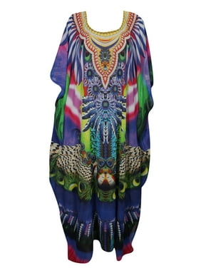 Mogul Womens Maxi Caftan Dress Georgette Digital Print Sexy Bikini Beach Cover Up Resort Wear Kimono Long Kaftan