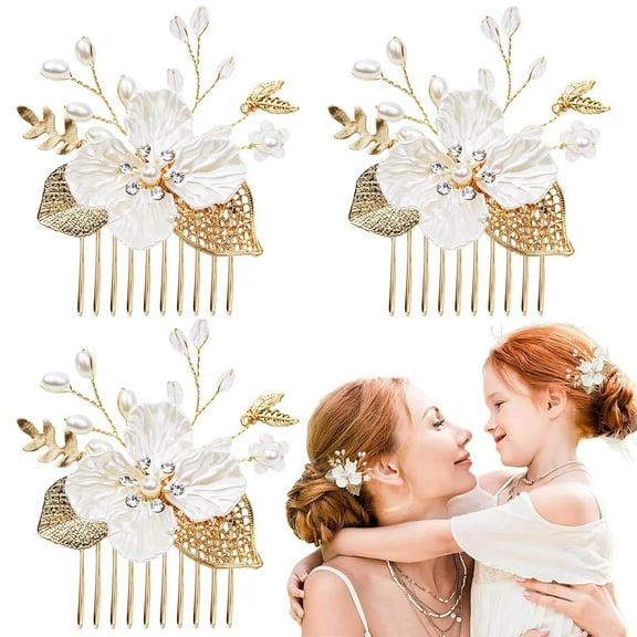 3 PCS Flower Girl Hair Pins Gold Leaf Wedding Hair Combs Bride Pearl Crystals Hair Clips Victorian Princess Hair Pieces White Flower Hair Accessories for Girls and Women