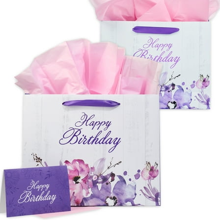 Purple Floral Womens Landscape Gift Bag Set w/Card: Happy Birthday, Large