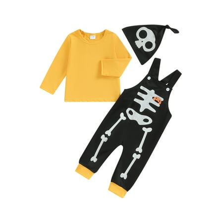 

ZIYIXIN Toddler Baby Boy Girl Halloween Outfit Long Sleeve T-shirt Top Skeleton Suspender Pants Skull Hat 3Pcs Set