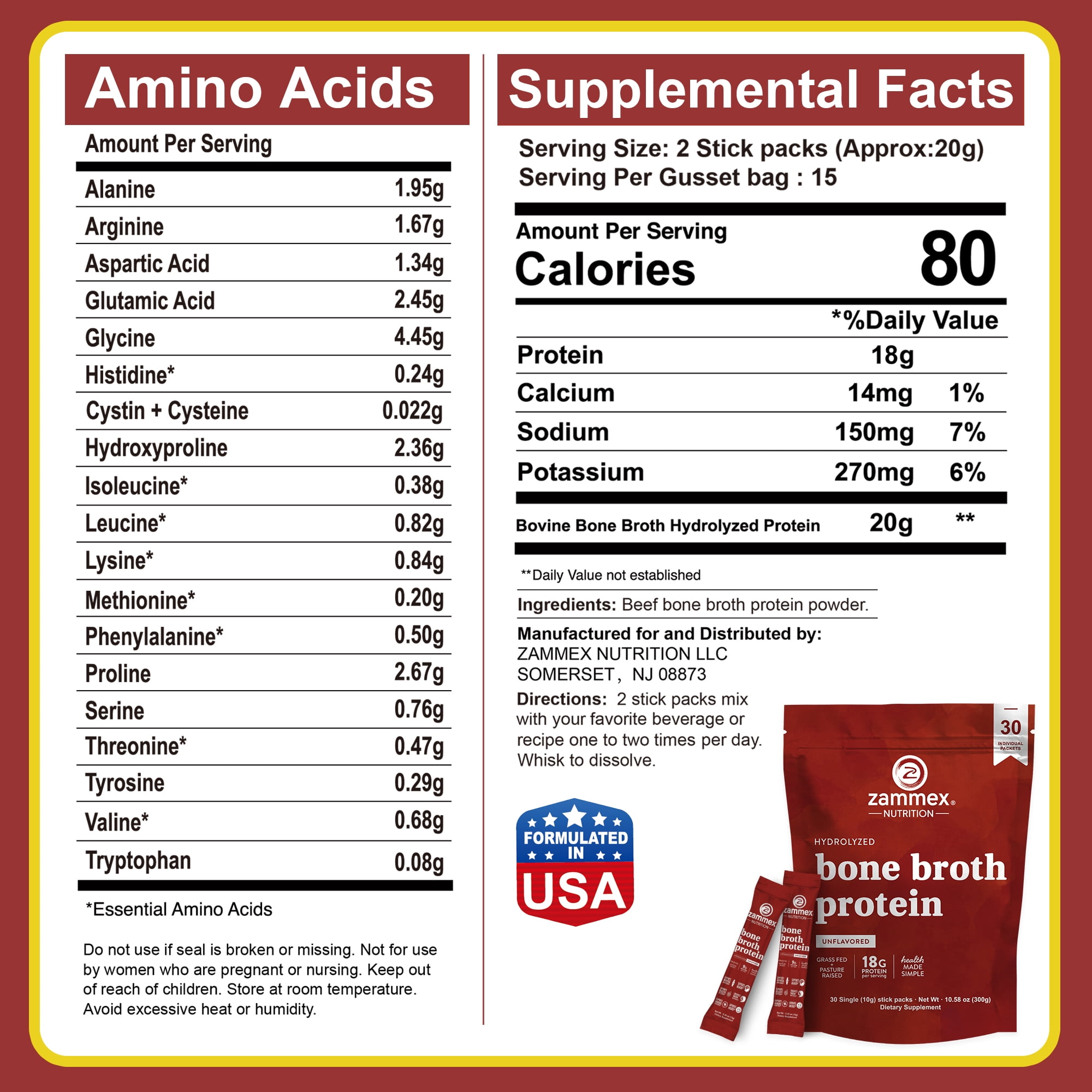 Zammex Bone Broth Protein Powder Travel Packets, Natural Flavor Grass Fed Beef Bone Broth, Hydrolyzed  collagen Type I & III, 30 packs