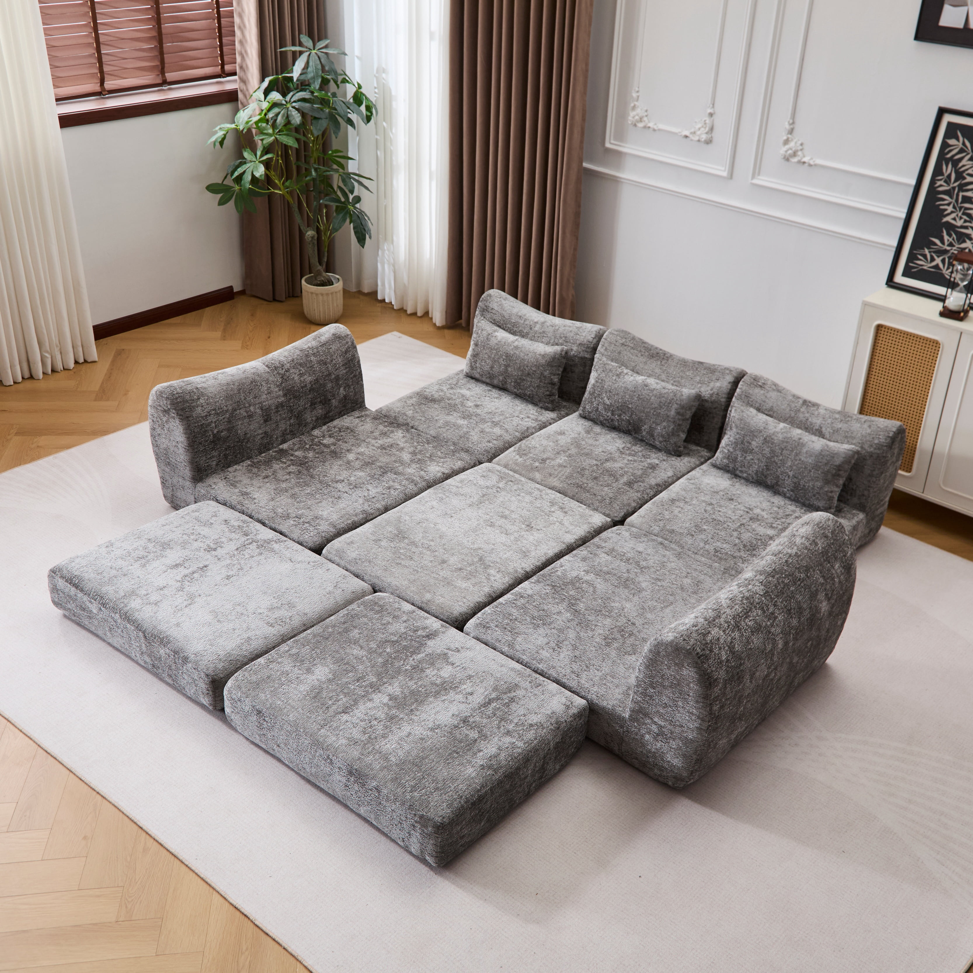 BSHTI Foldable Wave Star Modular Sofa, Chenille Fabric, 4-in-1 Modern Couch for Living Room, Modular Sectional Sofa with Chaise, Free Combination 3 Seater Sofa, Grey
