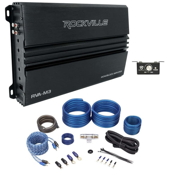 Rockville RVA-M3 4000w Mono 1 Ohm Car Amplifier Bass Remote Amp Wire Kit