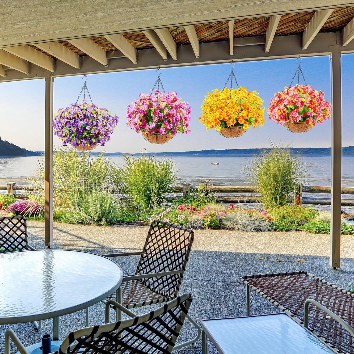4 Pack Artificial Hanging Flowers in Basket Artificial Daisy Arrangement with 12 Inch Coconut Lining Realistic Artificial Hanging Plants for Outdoor Indoor Patio Lawn Garden Porch Decor