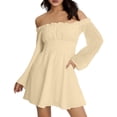 thumbnail image 5 of Laqbezok Women's Off Shoulder Ruffle Mini Dress, Long Lantern Sleeve Smocked Waist Sundress, Solid Color Casual A-Line Dress for Party Club, 5 of 8