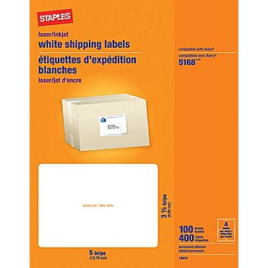 staples 3 1 2 x 5 inkjet laser shipping labels white 400 box
