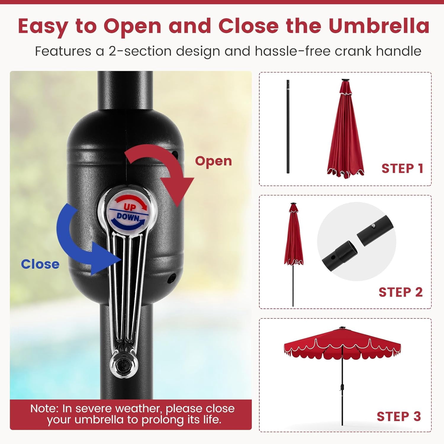 ZYPPP  9 FT Solar Patio Umbrella, 2-Tiers Scalloped Outdoor Table Market Umbrella with 32 LED Lights, Vented Top, Tilt Adjustment, Crank, 8 Ribs for Backyard Poolside Deck Beach Lawn (Red)