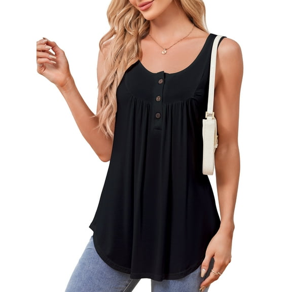 JYLFC Sleeveless T-Shirts for Women Henley V-Neck Summer Tank Top, Black XL