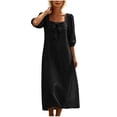 thumbnail image 4 of Ohufall Cotton Linen Dress for Women Bow Square Neck Maxi Dress 3/4 Sleeve Loose Solid Color Dresses, 4 of 8