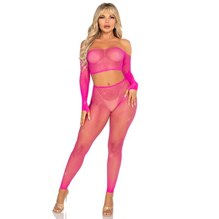 Rhinestone Fishnet Crop Top and Footless Tights O/s - Black