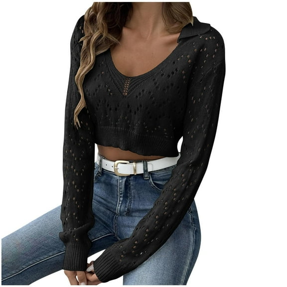 Womens Cropped Collared Sweater Novelty Sexy Hollow Out Knitwear Long Sleeve V Neck Jumpers Jacquard Lightweight Pullover Tops