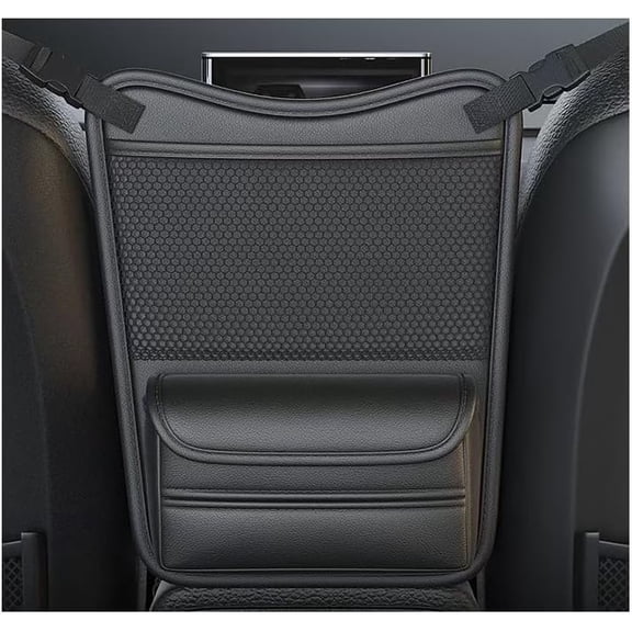 Car Seat Middle Hanging Organizer, PU Leather Car Console Storage Bag with Tissue Holder Mesh Pocket for Vehicle Interior Accessories