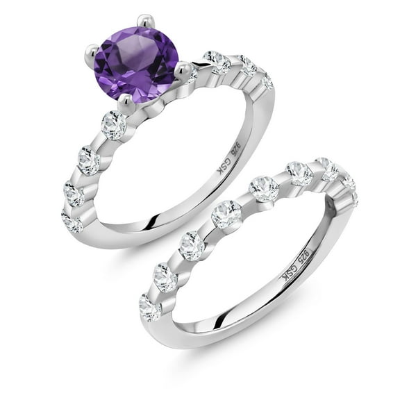 Gem Stone King 925 Sterling Silver Purple Amethyst and White Topaz Wedding Engagement Ring Band Bridal Set for Women (2.56 Cttw, Gemstone February Birthstone, Round 7MM, Size 6)