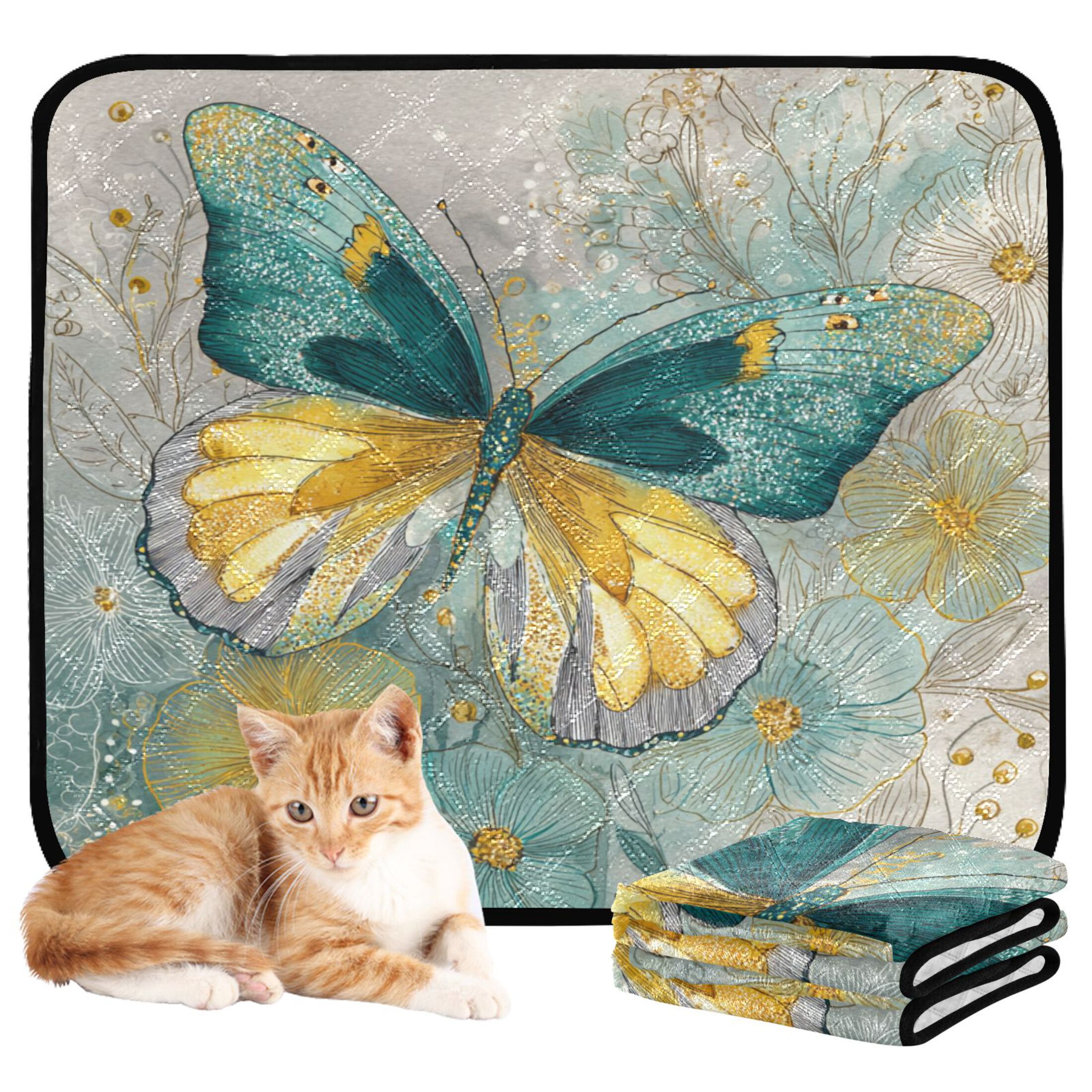 Qxltty Emerald Butterfly Cat litter Pads Pet Set of 2 Diaper Mats Center Anti-leakage Layer Absorbent Soft and Comfortable