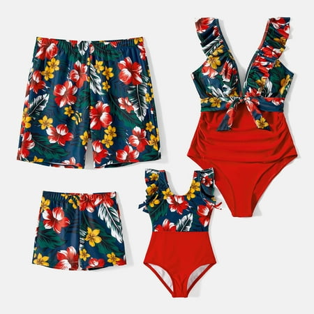 

PatPat Easter Family Matching Floral Print & Solid Spliced Ruffle Trim One-piece Swimsuit and Swim Trunks