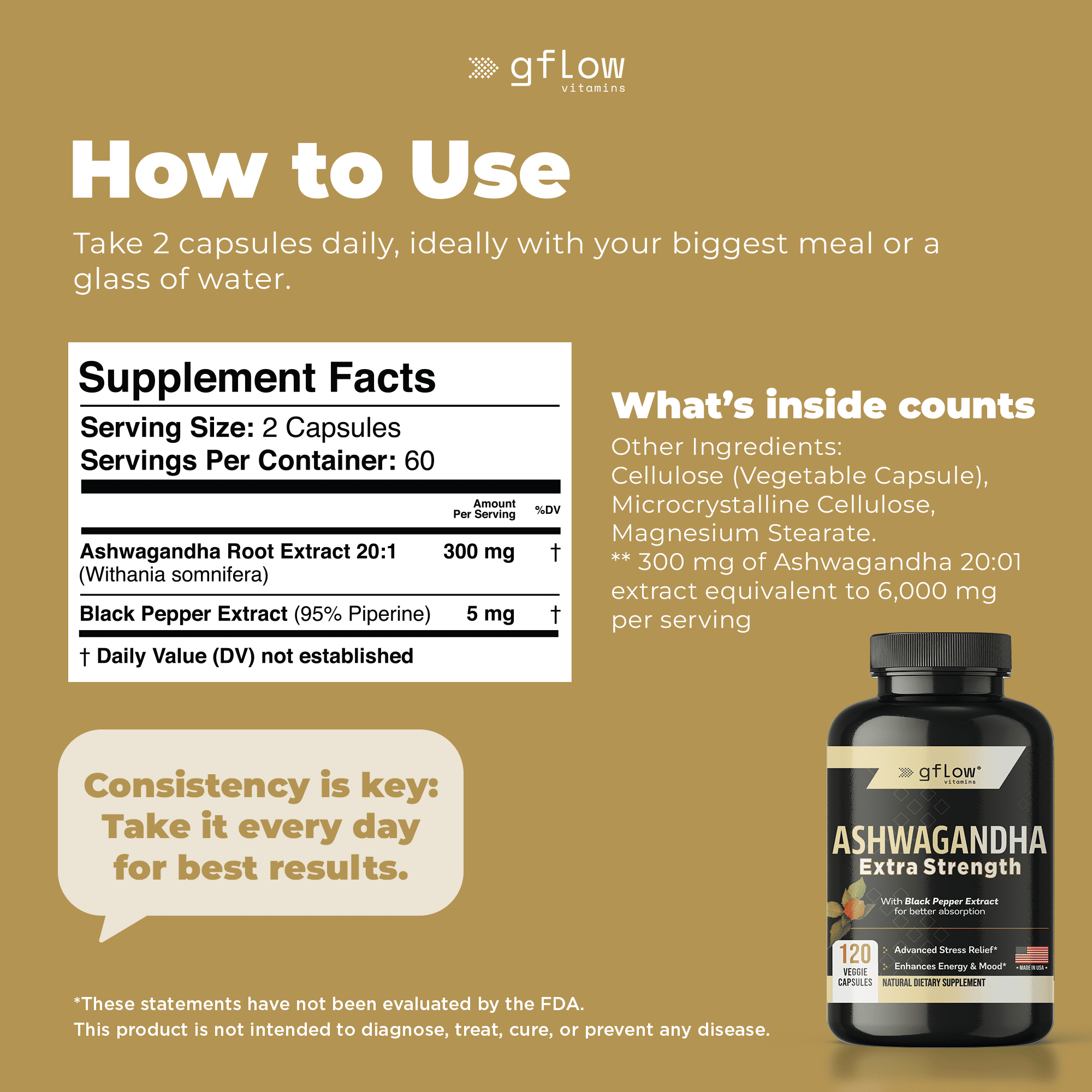 Gflow Vitamins Ashwagandha Supplements - ashwagandha Powder Capsules Extra Strength 6000mg with Black Pepper | Mood Support, Focus, Energy Support | Vegan Friendly, Non-GMO, USA Made