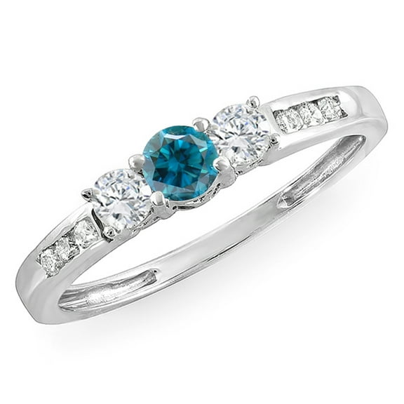 Dazzlingrock Collection 0.35 Carat (ctw) 10k Round Blue & White Diamond Ladies 3 stone Bridal Ring 1/3 CT, White Gold, Size 6