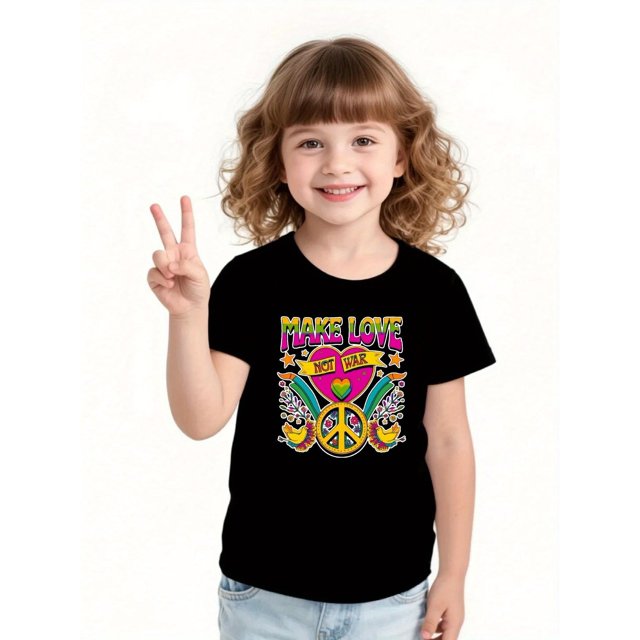 Youngsters' "Make Love Not War" Graphic T-Shirt - Black with Peace Sign & Colorful Heart Design, Soft Cotton Round Neck Tee for Boys & Girls, Ages 2-8, Perfect for Daily Wear