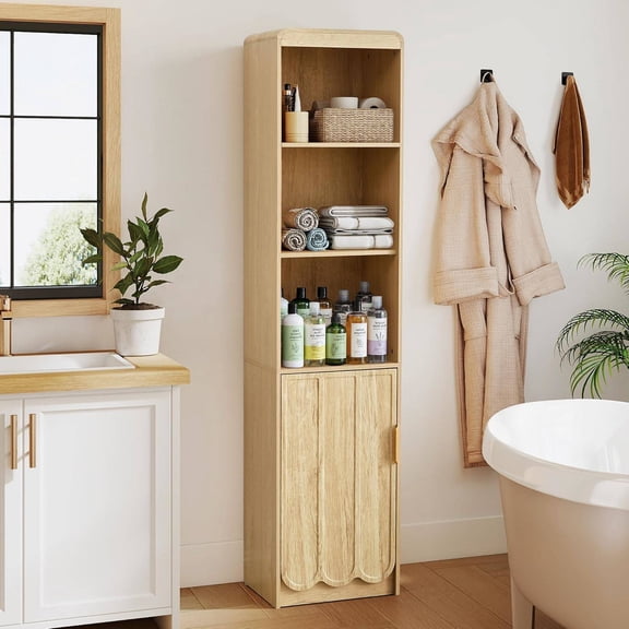 Narrow Tall Bathroom Storage Cabinet, Freestanding Cabinet with Open Compartments and Adjustable Shelf for Small Spaces, Natural Finish