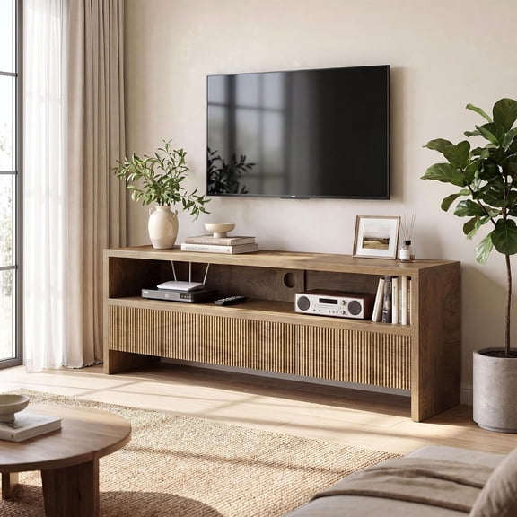 Finmind 2-Tier TV Stand with 3 Drawers, 63" Entertainment Center, Living Room, Bedroom, Brown